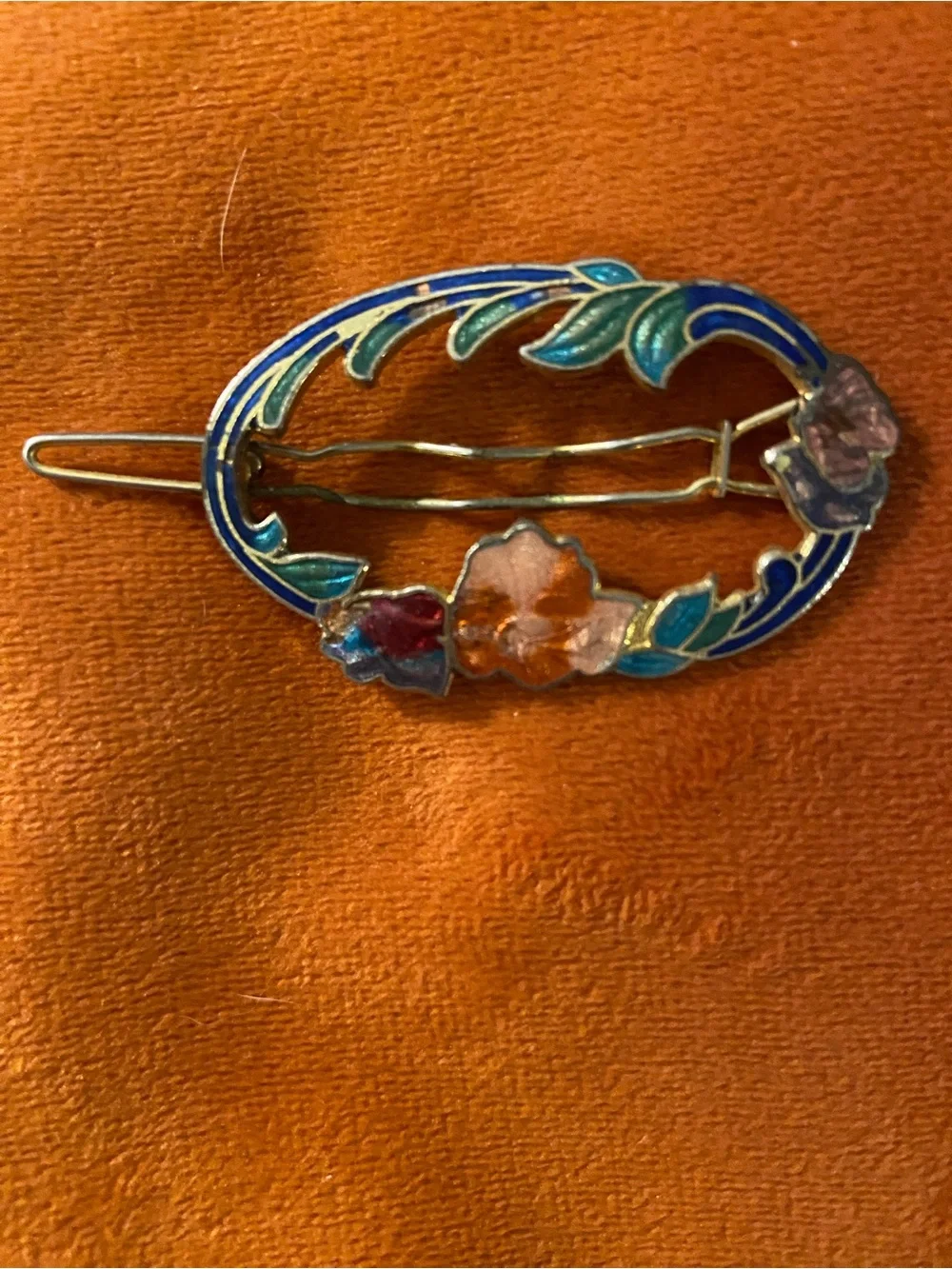 Vintage Multicolor Enamel Floral Barrette with Blue and Green Accents
